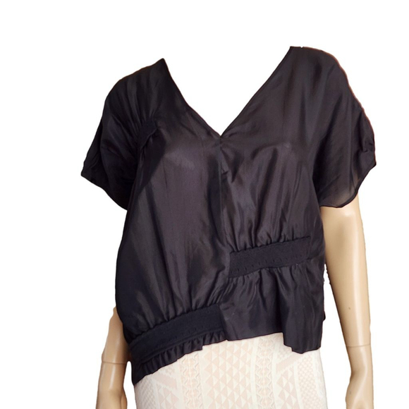 Lilith Tops - LILITH Black Asymmetrical Short Sleeve V-Neck Blouse M